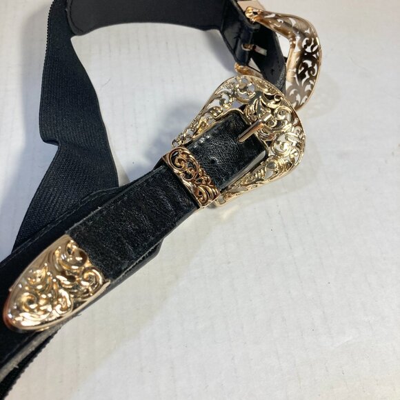Vtg Western Stretch Faux Black Leather Gold Tone Double Buckle Womens Belt XS S - Picture 8 of 15
